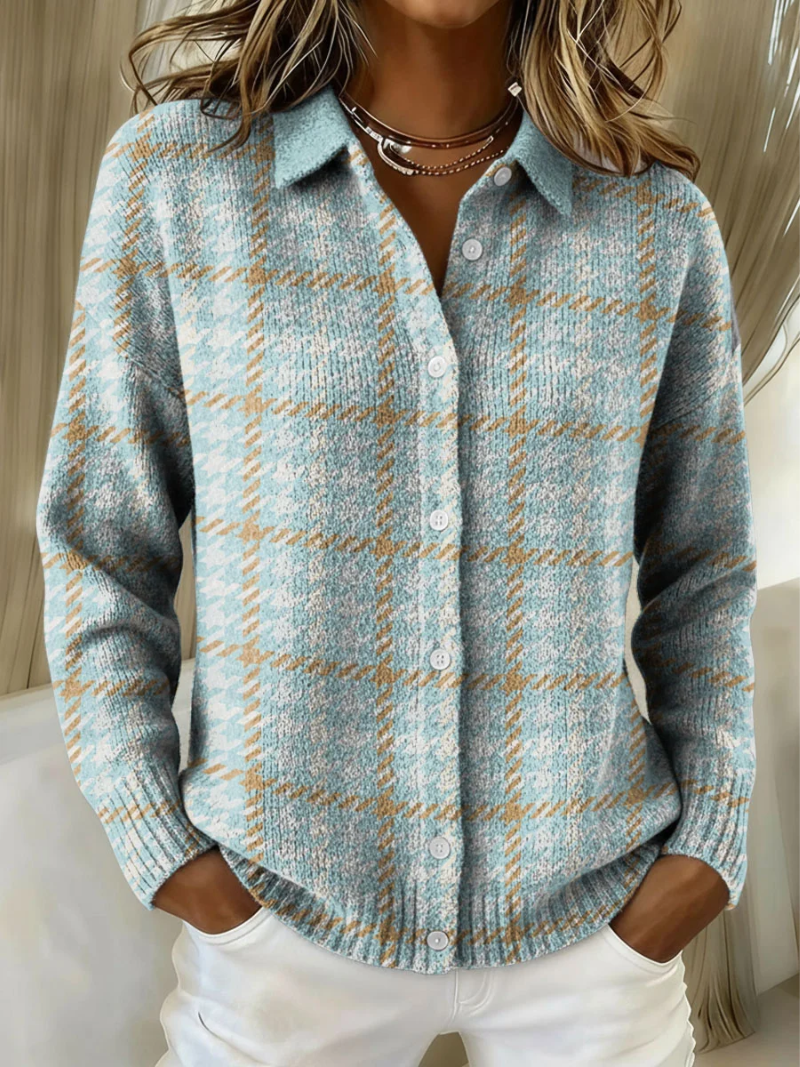 Clara | Sky Plaid Button-Front Cardigan for Women