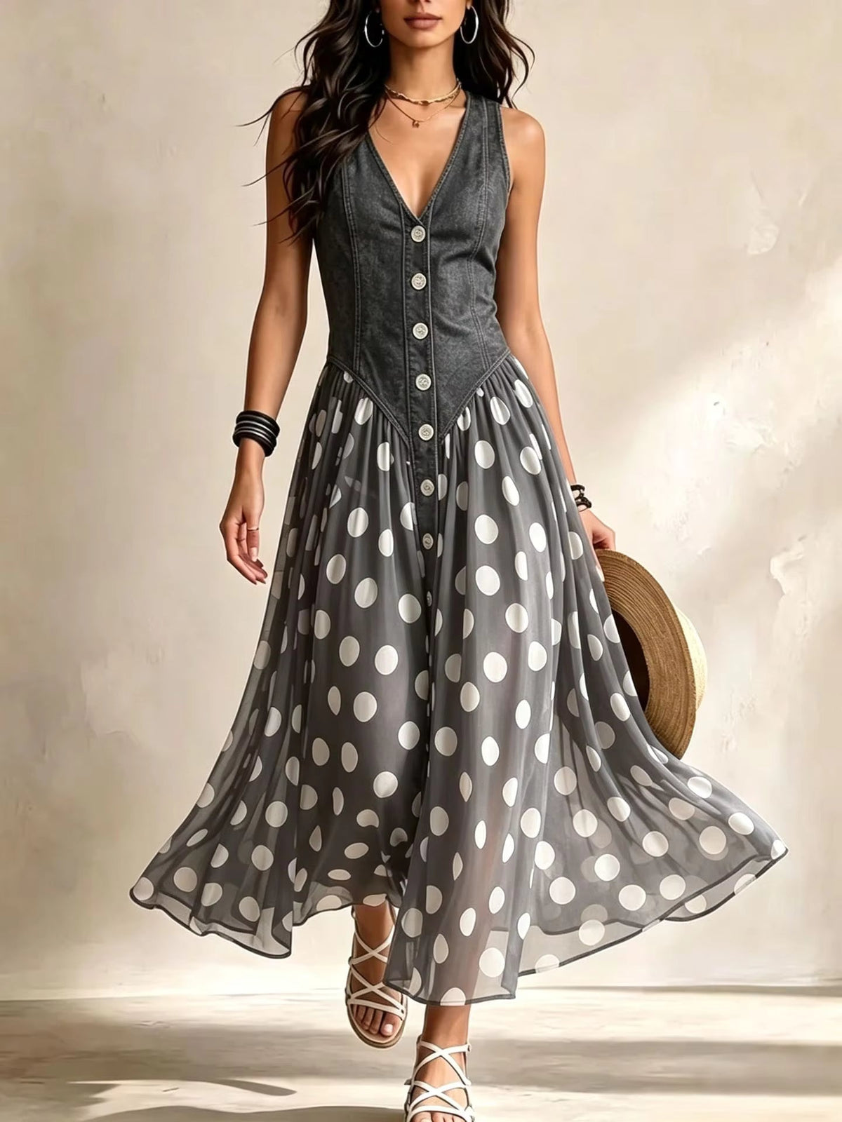 Juliette | Polka Dot Chiffon Button Maxi Dress for Women