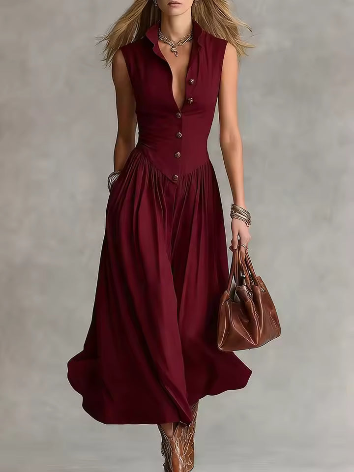 Camille | Pleated Button-Front A-Line Maxi Dress for Women