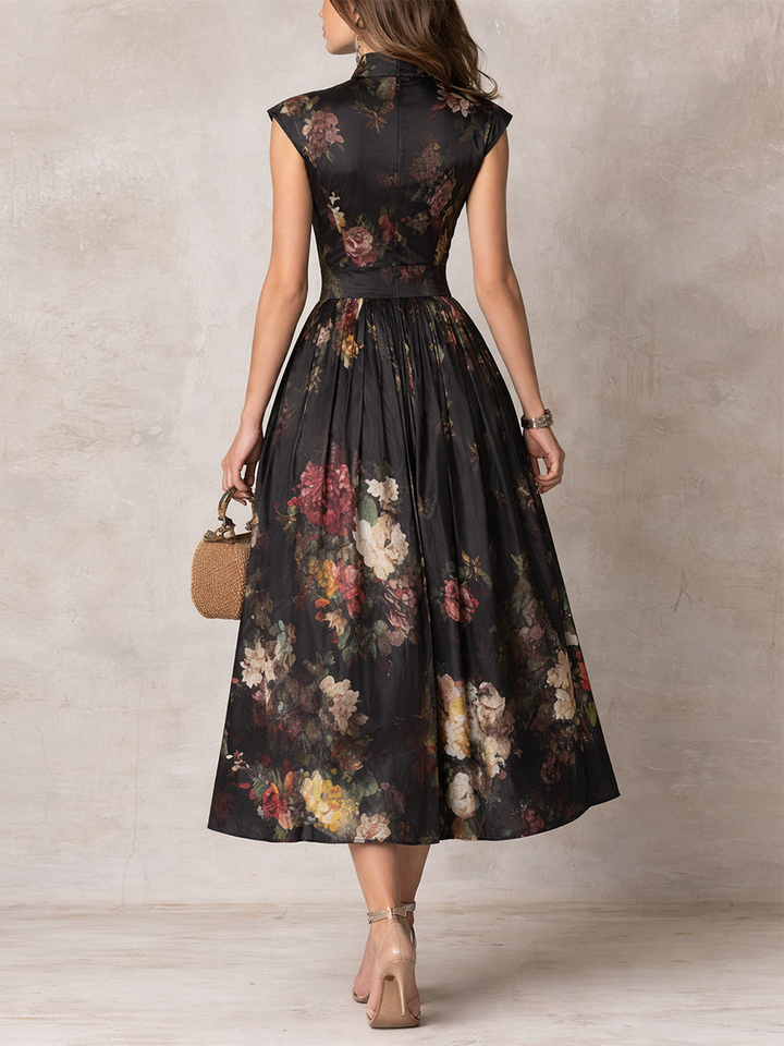 Violetta - Black Midi Dress in Pleated Satin
