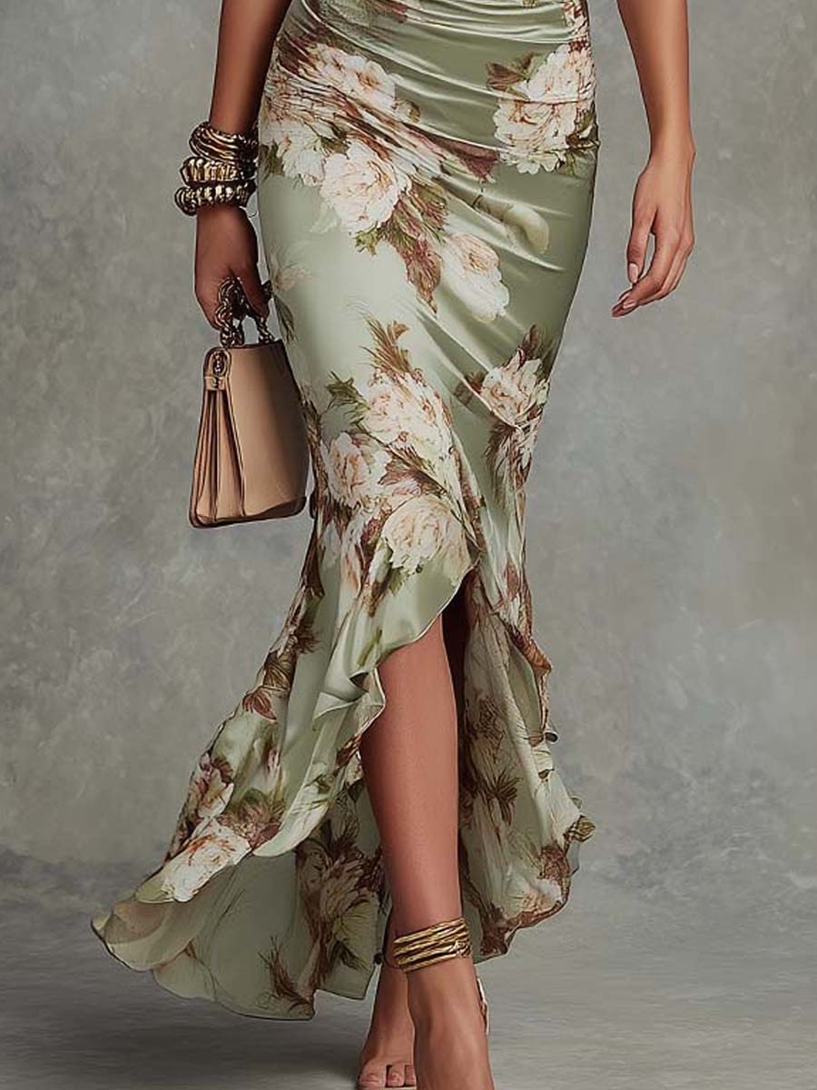 Anna | Asymmetrical Satin Puff Sleeve Floral Maxi Dress for Women