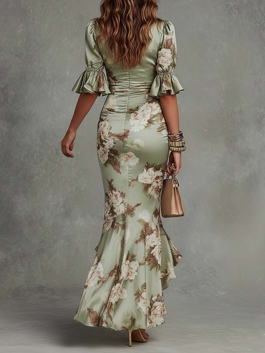 Anna | Asymmetrical Satin Puff Sleeve Floral Maxi Dress for Women