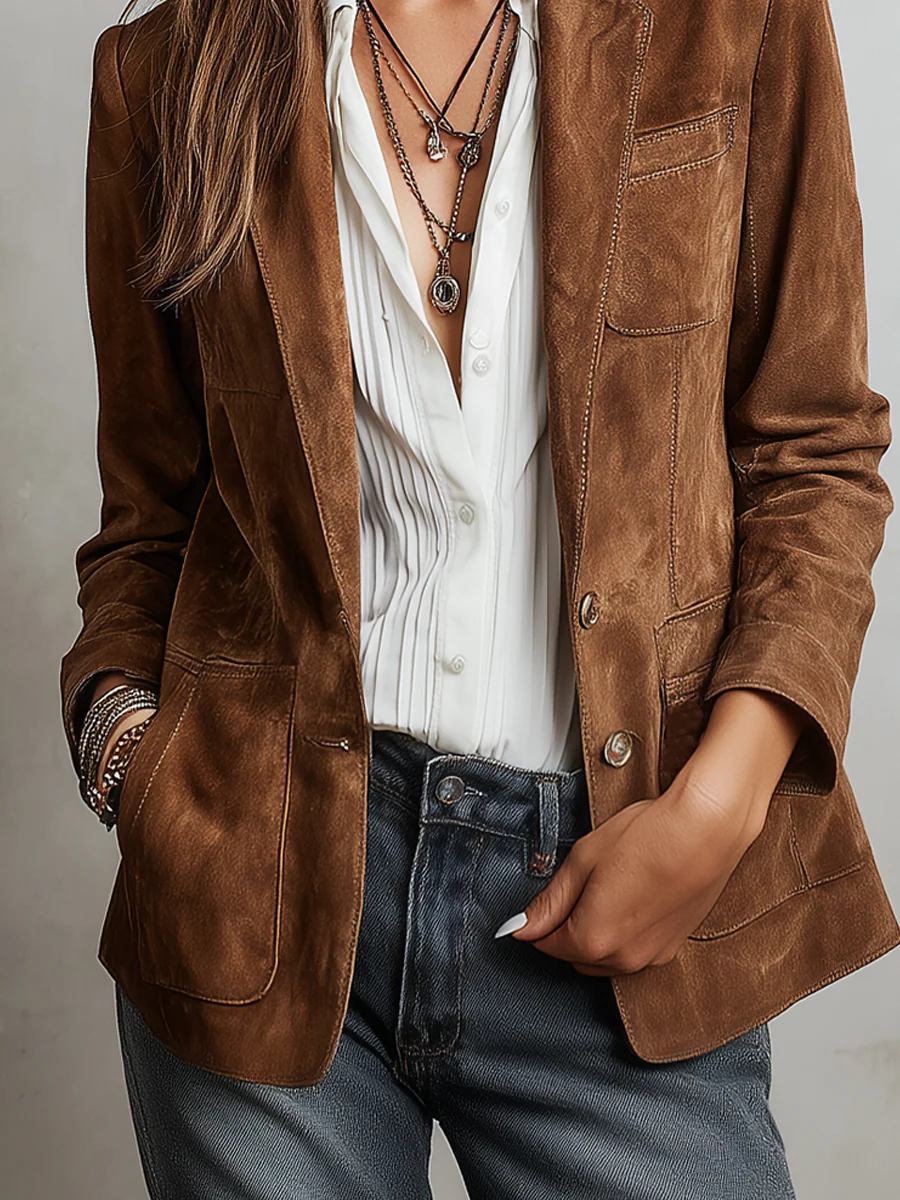 Verona | Brown Contrast-Stitch Tailored Blazer for Women