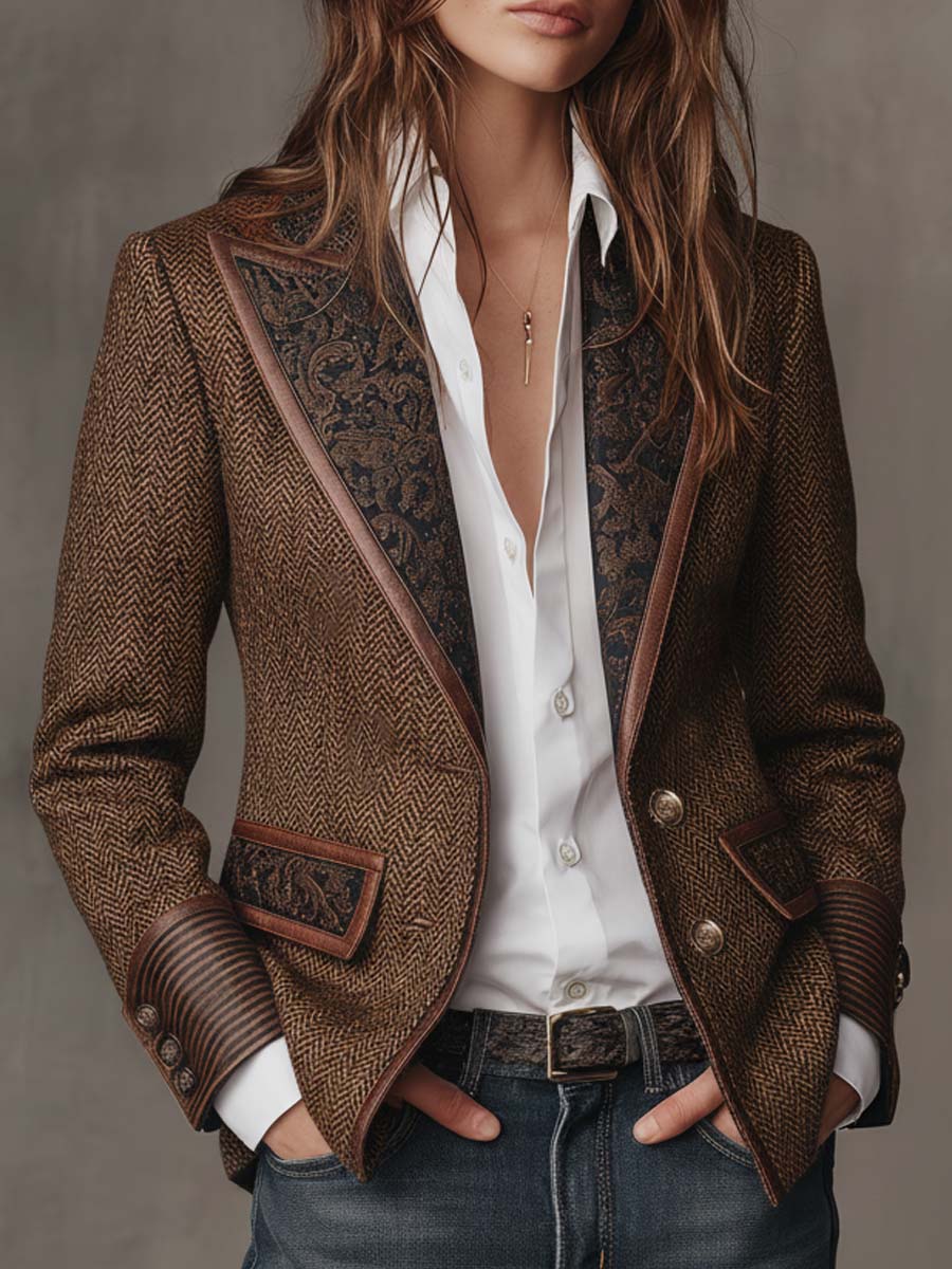Elara | Herringbone Print Panel Blazer for Women
