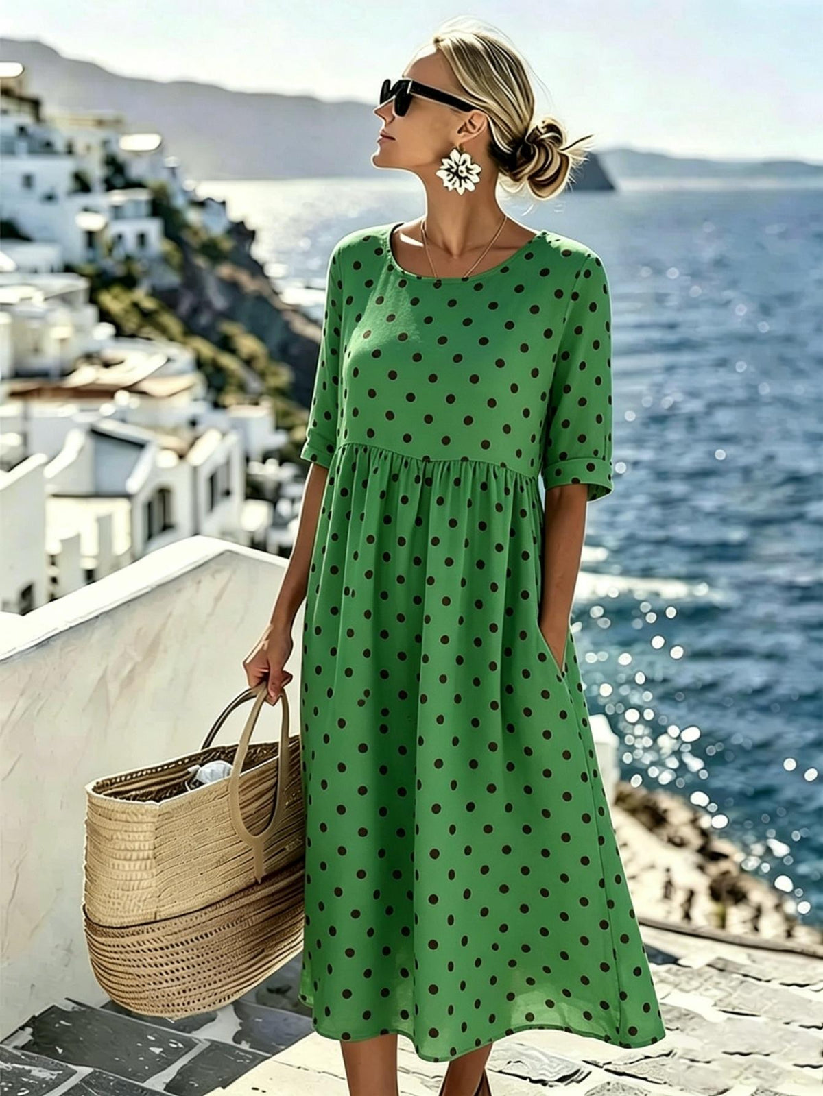 Harper | Emerald Polka Dot Midi Dress for Women