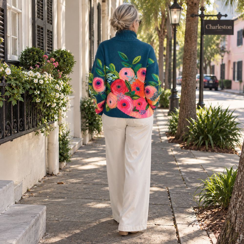 Alice | Floral Embroidered Turtleneck Knit Sweater
