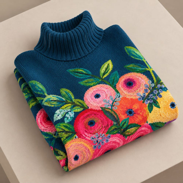 Alice | Floral Embroidered Turtleneck Knit Sweater
