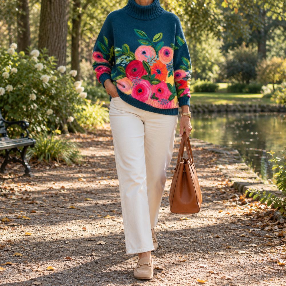 Alice | Floral Embroidered Turtleneck Knit Sweater
