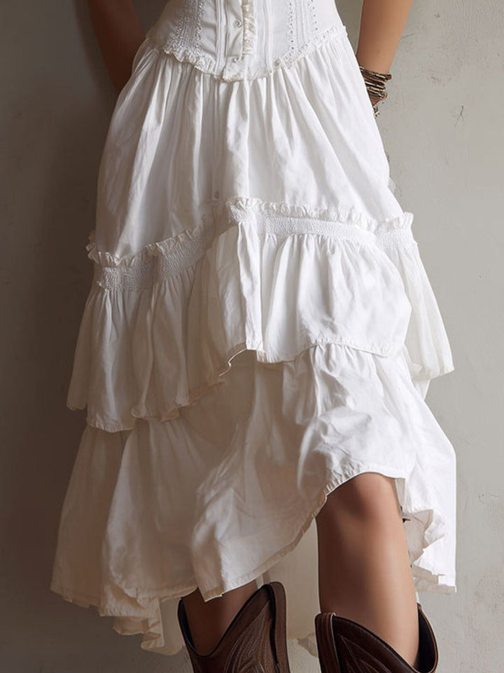 Marisol | Corset Tiered Lace-Trim Midi Dress for Women