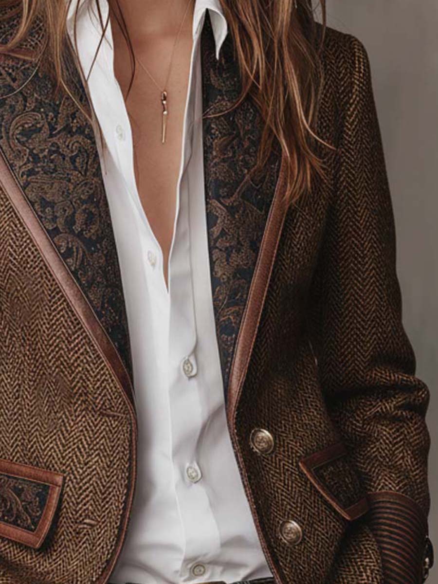 Elara | Herringbone Print Panel Blazer for Women