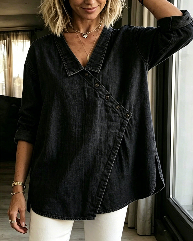 Elodie | Diagonal-Button Collared Blouse for Women