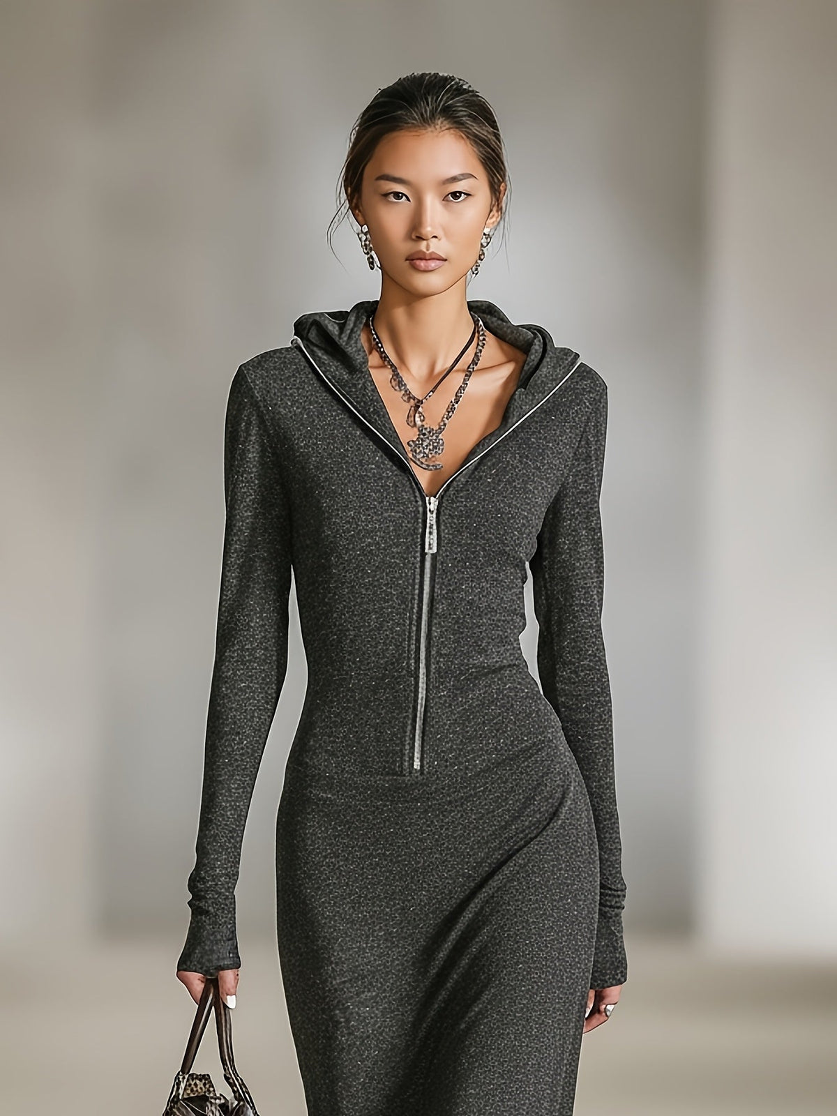 Liorra | Hooded Zip-Detail Long-Sleeve Mini Dress for Women