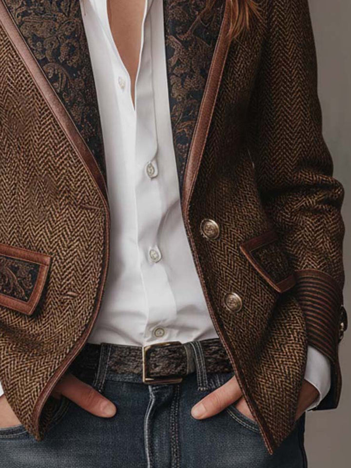 Elara | Herringbone Print Panel Blazer for Women