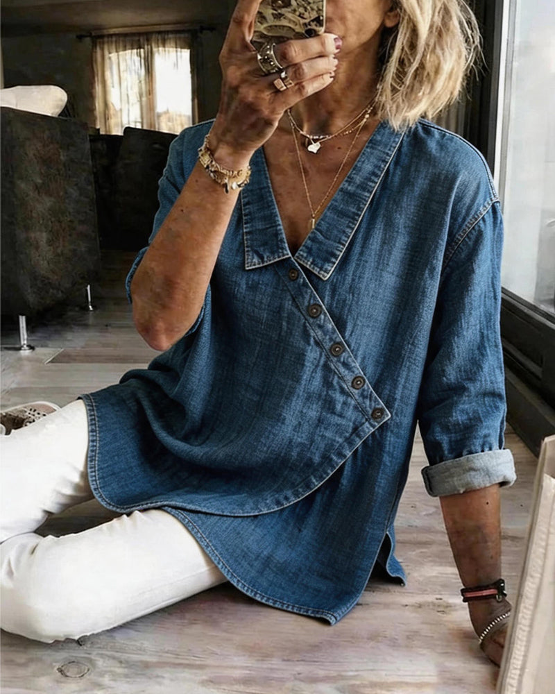 Elodie | Diagonal-Button Collared Blouse for Women