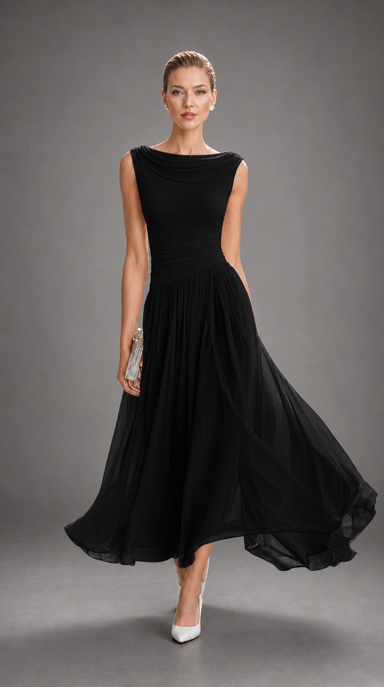 Simone | Draped Neck Pleated Midi Dress for Women