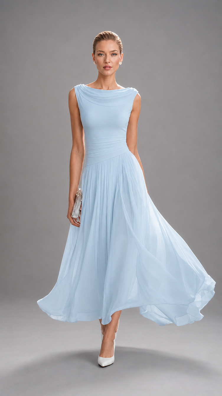 Simone | Draped Neck Pleated Midi Dress for Women