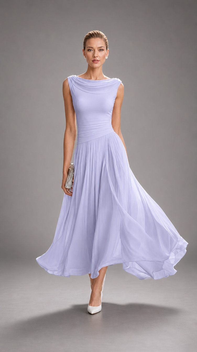 Simone | Draped Neck Pleated Midi Dress for Women