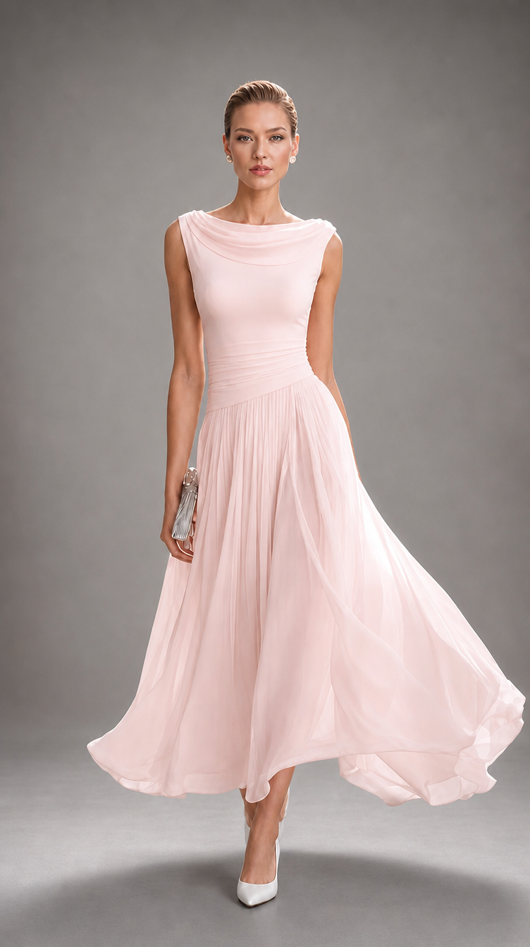 Simone | Draped Neck Pleated Midi Dress for Women