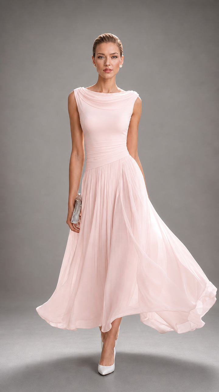 Simone | Draped Neck Pleated Midi Dress for Women