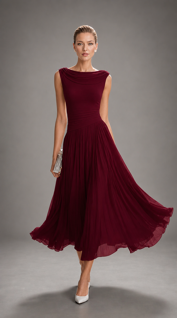 Simone | Draped Neck Pleated Midi Dress for Women