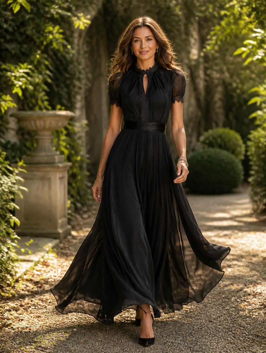 Evangeline | Lace-Trim Flowing Maxi Dress