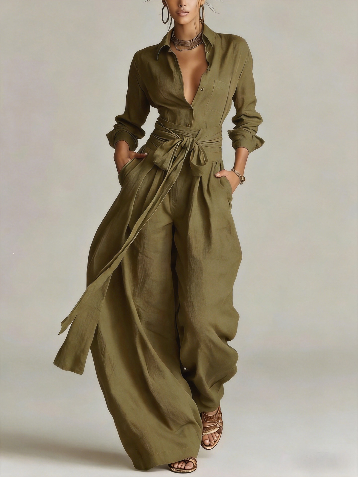 Betty | Tie-Waist Shirt and Wide-Leg Pants Two-Piece Set for Women