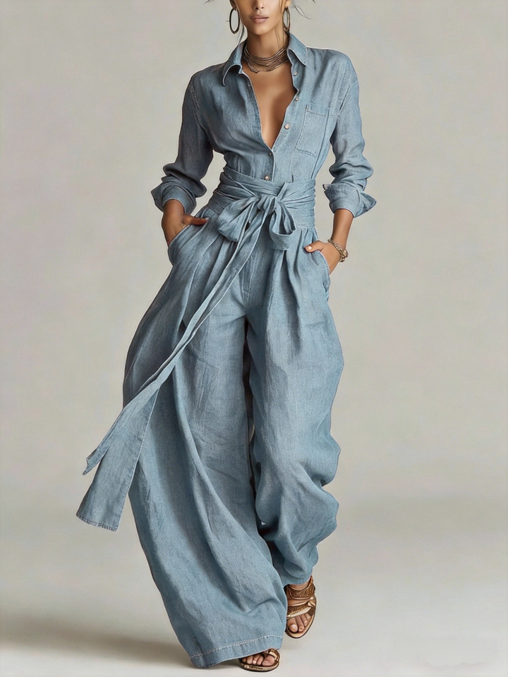 Betty | Tie-Waist Shirt and Wide-Leg Pants Two-Piece Set for Women