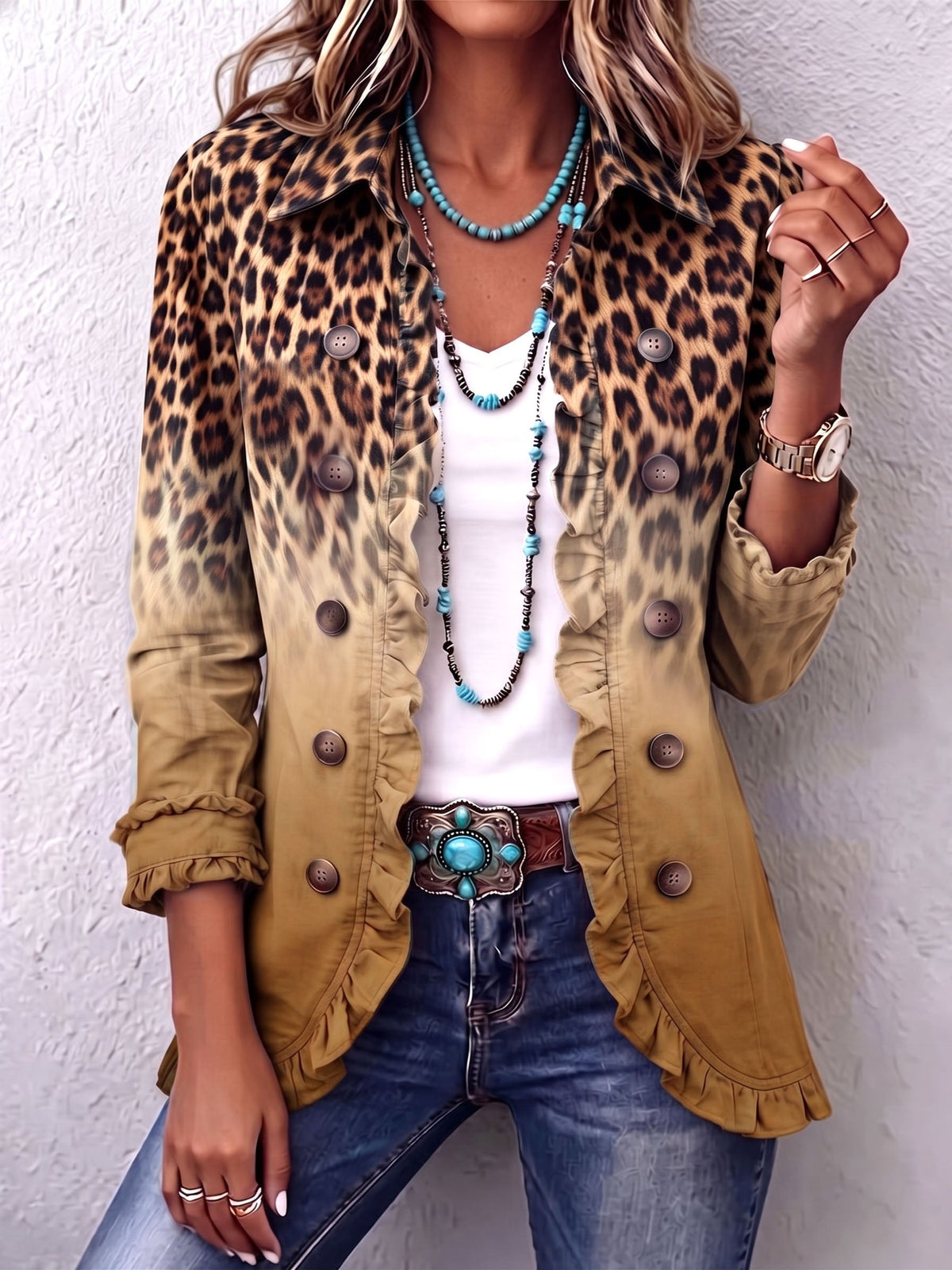 Marlowe | Leopard Ombre Ruffle Blazer Jacket for Women