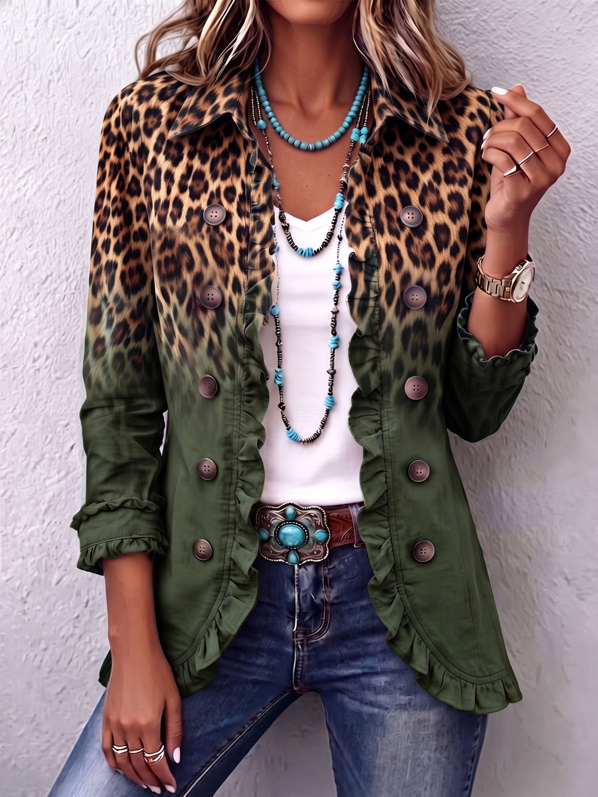 Elspeth | Leopard Ombre Ruffle Blazer Jacket for Women