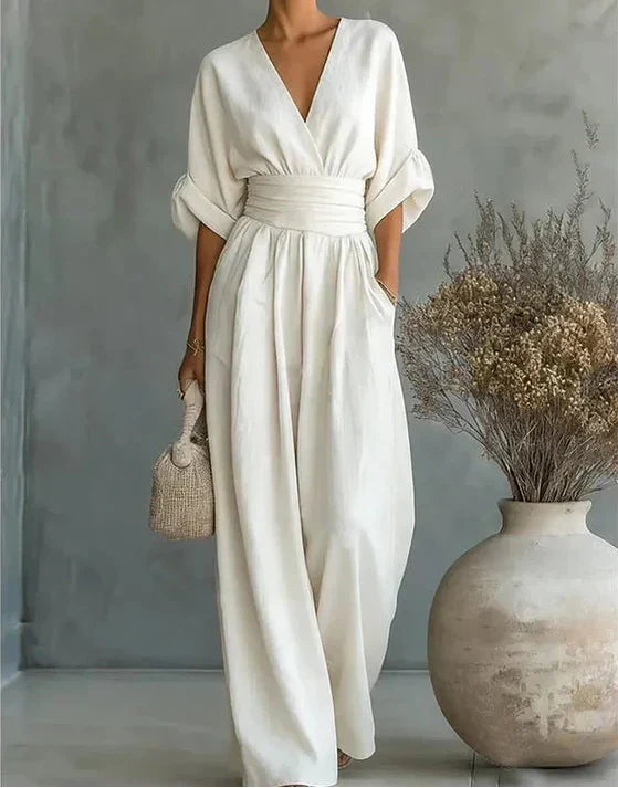 Elise | Deep V-Neck Wide-Leg Jumpsuit for Women