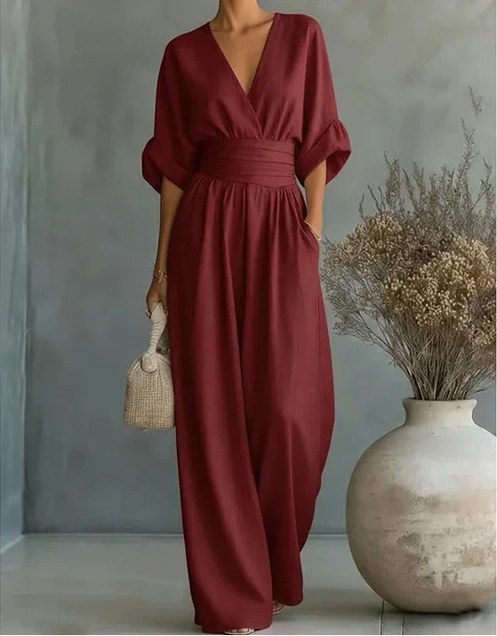 Elise | Deep V-Neck Wide-Leg Jumpsuit for Women