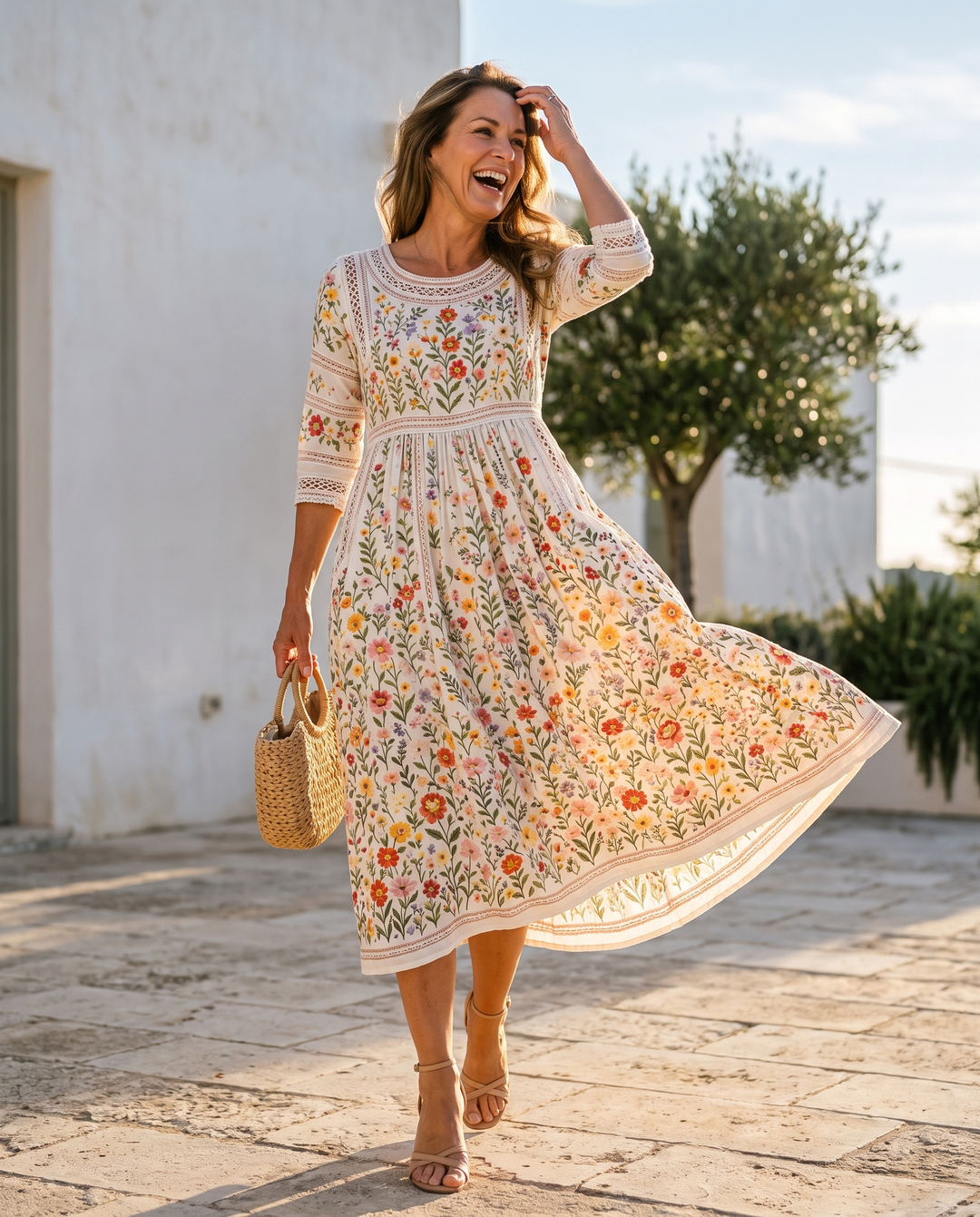 Meadow | Floral Crochet-Trim Midi Dress