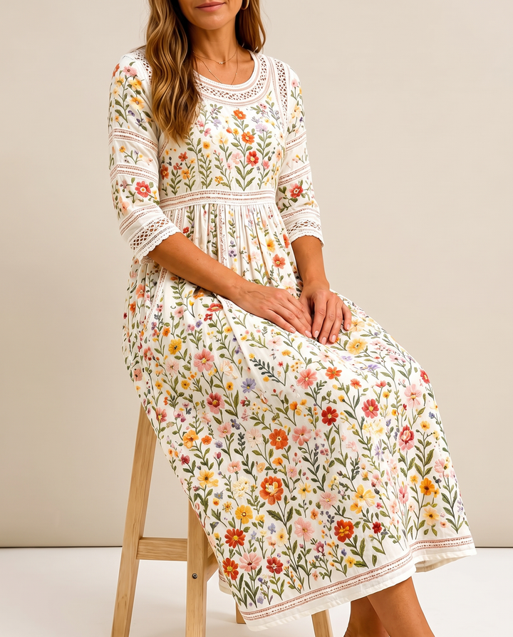 Meadow | Floral Crochet-Trim Midi Dress